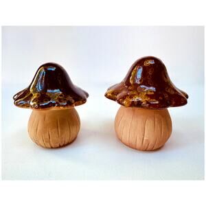 Vintage Ceramic Mushroom Pair Brown Drip Glaze Toadstool Decor